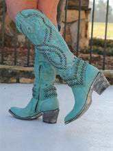 Sky Blue Studded Pointy Mid-Calf Western Boots
